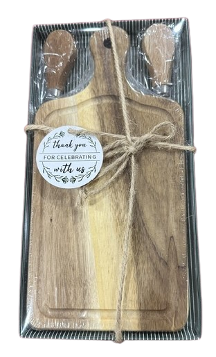 Acacia Small Cutting Board With a Butter Sprayer and a Cheese Fork, Both with Wooden Handle