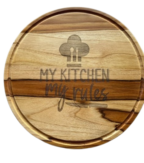 Handmade teak wood round engraved medium cutting board