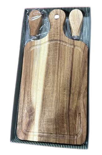 Acacia Small Cutting Board With a Butter Sprayer and a Cheese Fork, Both with Wooden Handle
