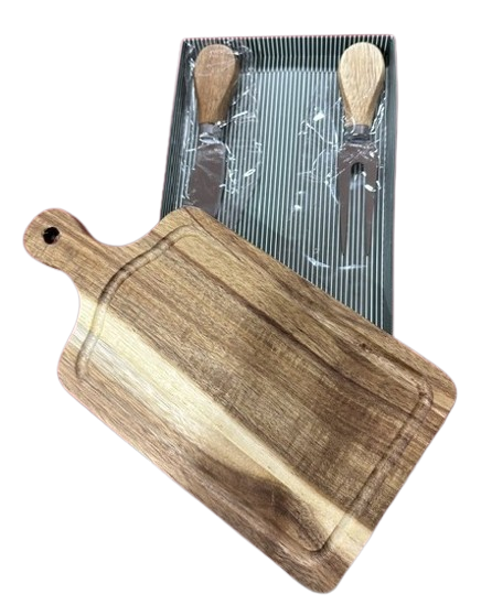 Acacia Small Cutting Board With a Butter Sprayer and a Cheese Fork, Both with Wooden Handle