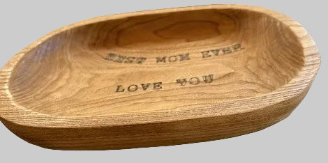 Decorative Oval Carved and Engraved Wood Bowl