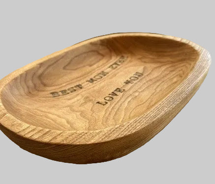 Decorative Oval Carved and Engraved Wood Bowl